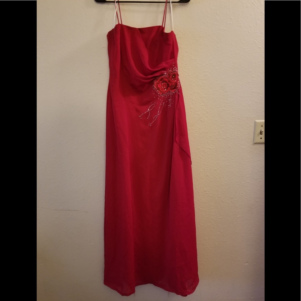 Large Red Bridesmaid Dress with ornate rose